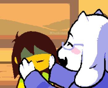 chubbidust colored_skin deltarune glasses goat_girl happy kris_(deltarune) pinching_cheek smile squishing toriel utdr_(toby_fox) yellow_skin  rating:General score:3 user:Heavywpns