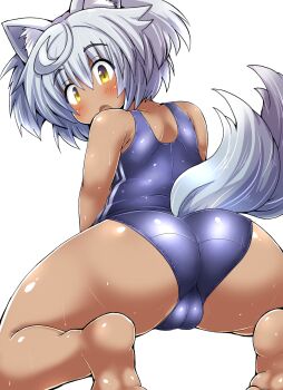  1girl animal_ear_fluff animal_ears blush cameltoe colorpencil36 commentary_request dark-skinned_female dark_skin from_behind grey_hair grey_tail highres looking_back open_mouth pearl_(shinrabanshou) school_swimsuit shinrabanshou short_hair sitting soles solo swimsuit two_side_up white_background yellow_eyes 