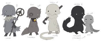  2girls 3boys black_fur black_tail brown_fur closed_eyes collar commentary creature creature_focus english_commentary fraid grey_fur grey_tail highres holding holding_hands holding_lead_pipe holding_staff jejejunum lead_pipe mars_symbol mother_and_child multiple_boys multiple_girls neck_fur no_humans no_mouth no_nose original simple_background solid_circle_eyes staff standing tail venus_symbol white_background yellow_fur 