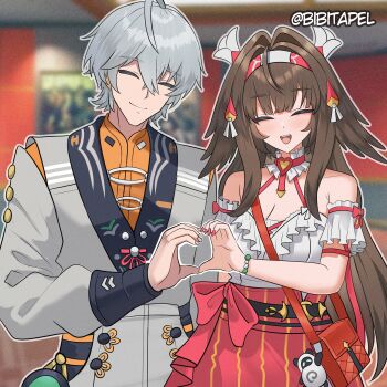  1boy 1girl ^_^ absurdres ahoge animal_ears bag bibitapel bow bracelet breasts brown_hair buttons chinese_clothes cleavage closed_eyes collar detached_sleeves dress droopy_ears fox_ears fox_girl frilled_collar frills grey_hair hair_ornament happy hashtag-only_commentary headband heart heart_hands high-waist_skirt highres jewelry long_hair official_alternate_costume pants short_hair shoulder_bag skirt smile strap wise_(soaring_crane)_(zenless_zone_zero) wise_(zenless_zone_zero) ye_shunguang zenless_zone_zero 