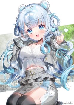  1girl animal_ear_hairband animal_ears bear_ear_hairband bear_ears bear_hair_ornament belt blue_eyes blue_hair blue_nails blue_ribbon braid braided_hair_rings breasts chi_no commission crescent crescent_necklace cropped_shirt fake_animal_ears grey_jacket grey_skirt hair_ornament hair_rings hairband hairclip high-waist_skirt indie_virtual_youtuber jacket jewelry large_breasts long_hair metal_hairband necklace open_clothes open_jacket open_mouth ribbon shirt skeb_commission skirt solo thighs usui_yura virtual_youtuber white_shirt 