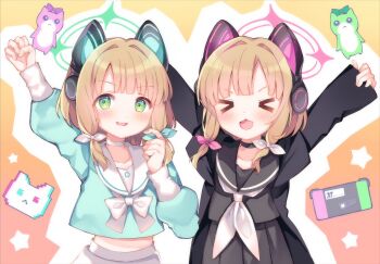  >_< 2girls :d aqua_bow aqua_shirt arm_up arms_up arona_(blue_archive) arona_(blue_archive)_(cosplay) black_choker black_coat black_sailor_collar black_serafuku black_skirt blonde_hair blue_archive blush bow bowtie choker coat collarbone commentary_request cosplay facing_viewer gradient_background green_eyes green_halo hair_bow halo hand_up handheld_game_console happy highres long_sleeves looking_at_viewer low-tied_sidelocks medium_hair midori_(blue_archive) midriff moeno_uni momoi_(blue_archive) multiple_girls neckerchief open_clothes open_coat open_mouth orange_background outline parted_bangs pinching_sleeves pink_bow pink_halo plana_(blue_archive) plana_(blue_archive)_(cosplay) pleated_skirt raised_fist sailor_collar school_uniform serafuku shirt siblings sidelocks sisters skirt sleeves_past_wrists smile star_(symbol) thick_outlines twins upper_body v-shaped_eyebrows white_bow white_bowtie white_choker white_neckerchief white_outline white_sailor_collar white_skirt xd 