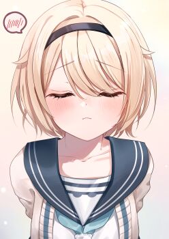  1girl absurdres aqua_sailor_collar arms_behind_back black_headband blush closed_eyes closed_mouth commentary_request hair_flaps headband highres hololive kazama_iroha kazama_iroha_(school_uniform) official_alternate_costume sailor_collar shagaihi shirt short_hair solo spoken_blush virtual_youtuber white_background white_shirt 