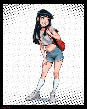  absurdres artist_name backpack bag black_border black_hair blue_eyes blunt_bangs border braces contrapposto crop_top denim denim_skirt eyelashes facing_to_the_side flat_chest grey_shirt hair_behind_ear hand_on_own_thigh highres holding_strap kasparition kneehighs leaning_forward long_hair long_sidelocks looking_afar midriff narrow_waist navel polka_dot polka_dot_background red_bag shirt shoes short_shorts short_sleeves shorts sidelocks skinny skirt slim_legs smile sneakers socks standing teeth white_shoes white_socks 