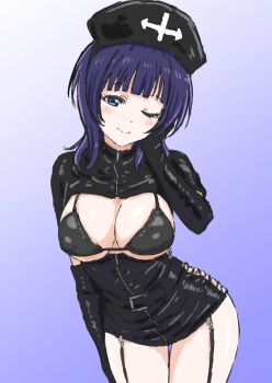  1girl ;) asaka_karin black_gloves blue_eyes blue_hair breasts cleavage commentary elbow_gloves gloves hand_on_own_face highres large_breasts latex love_live! love_live!_nijigasaki_high_school_idol_club one_eye_closed shizutered short_hair simple_background smile solo symbol-only_commentary thigh_gap 