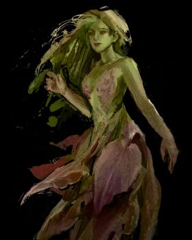  1girl absurdres black_background green_hair hand_up highres leaf_dress long_hair mermaid monster_girl original painterly red_eyes red_lips simple_background smile solo swept_bangs twulfs very_long_hair 