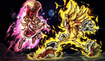 1boy 1girl amy_rose artist_name boots breasts clenched_hand earth_(planet) energy fighting gloves grin hammer highres jumping legs medium_breasts pink_hair planet red_eyes sega short_hair smile sonic_(series) sonic_the_hedgehog space super_amy_rose super_sonic teeth thighs weapon