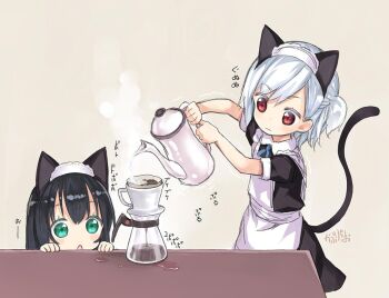  2girls animal_ears apron black_hair capriccio coffee fake_animal_ears green_eyes holding maid_apron maid_headdress multiple_girls open_mouth original red_eyes short_hair white_hair  rating:Sensitive score:6 user:danbooru