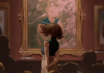  1girl absurdres arms_behind_back black_sweater boku_no_hero_academia brown_hair brown_skirt highres indoors museum obi3 painting_(object) skirt sleeveless sleeveless_sweater solo_focus sweater toga_himiko turtleneck turtleneck_sweater uraraka_ochako 