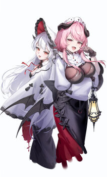  2girls absurdres bernina_(stella_sora) black_dress black_gloves bonnet breasts commentary demon_girl demon_horns demon_wings dress fang full_body gloves highres holding holding_lantern holding_mirror horns lace lace_gloves lantern large_breasts long_hair looking_at_viewer maid_headdress mirror multiple_girls neck_ribbon open_mouth pink_eyes pink_hair red_eyes red_ribbon ribbon shawl simple_background skin_fang standing stella_sora very_long_hair virigia_(stella_sora) white_background white_bonnet white_hair white_shawl wings yinghuahua 