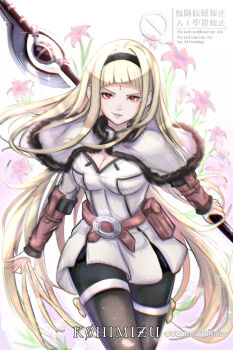  1girl alternate_costume alternate_hair_length alternate_hairstyle artist_name black_hairband black_pantyhose blonde_hair boots brown_boots capelet drag-on_dragoon drag-on_dragoon_3 dress eyelashes facial_mark flower forehead_mark fur-trimmed_capelet fur_trim hairband highres holding holding_weapon k0himizu long_hair one_(drag-on_dragoon) pantyhose pink_flower pink_lips red_eyes short_dress smile solo sparkle thigh_boots very_long_hair watermark weapon white_background white_capelet white_dress 