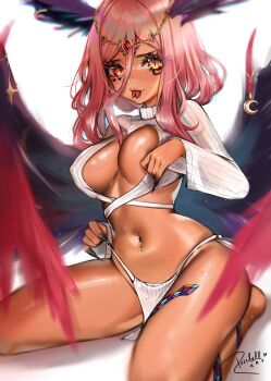  1girl absurdres ankh breasts cleavage_cutout clothing_cutout commentary evolved_virgin_killer_sweater fingernails forked_tongue heart heart_tattoo highres indie_virtual_youtuber large_breasts loincloth long_fingernails long_hair looking_at_viewer monster_girl navel_piercing pelvic_curtain piercing pink_hair ribbed_sweater rosebell slit_pupils smile sweater tattoo tongue tongue_out trickywi turtleneck turtleneck_sweater virtual_youtuber white_sweater wings 