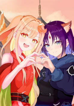  2girls absurdres animal_ears blonde_hair blue_hair blue_hoodie blue_kimono blue_nails brown_eyes cho_kaguya-hime! clothing_cutout colored_inner_hair commentary_request crescent crescent_hair_ornament forehead_jewel fox_ears fox_girl green_eyes hagami_mio hair_ornament highres hood hood_down hoodie interlocked_fingers japanese_clothes kaguya_(cho_kaguya-hime!) kimono long_hair looking_at_viewer multicolored_hair multiple_girls nail_polish open_mouth purple_hair rabbit_ears rabbit_girl red_kimono sakayori_iroha shoulder_cutout sidelocks upper_body 