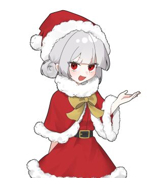  1girl alternate_costume alternate_hairstyle arm_behind_back belt black_belt blush bow bowtie capelet christmas commentary_request dress fujiwara_no_mokou fur-trimmed_capelet fur-trimmed_dress fur-trimmed_headwear fur_trim grey_hair hat highres looking_at_viewer mokou_cooking open_mouth red_capelet red_dress red_eyes red_hat santa_costume santa_dress simple_background smile solo touhou white_background yellow_bow yellow_bowtie 