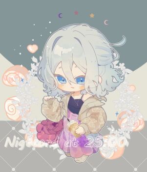  1girl bag black_camisole blue_eyes blush breasts brown_coat camisole chibi cinnamon_roll coat collarbone commentary_request crescent_moon cup disposable_cup drink floral_print flower full_body grey_hair group_name hair_between_eyes hair_intakes half_updo hand_up heart highres holding holding_bag holding_drink jewelry long_skirt long_sleeves looking_at_viewer moon multicolored_skirt necklace official_alternate_costume official_alternate_hair_length official_alternate_hairstyle open_clothes open_coat parted_lips pink_skirt project_sekai puffy_long_sleeves puffy_sleeves purple_skirt serena_zera short_hair sidelocks single_off_shoulder skirt sleeves_past_wrists small_breasts solo spaghetti_strap sparkle standing star_(symbol) wavy_hair yoisaki_kanade zozotown 