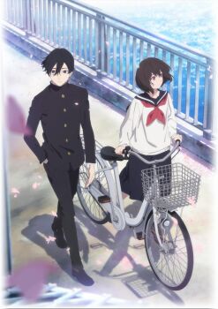  1boy 1girl anime_coloring antenna_hair aqua_eyes bicycle black_dress black_hair black_pants black_shoes bridge brown_hair buttons closed_mouth dress floating_hair gakuran hand_in_pocket hetero highres key_visual kobato_jougorou long_sleeves neckerchief official_art osanai_yuki outdoors pants petals pink_eyes promotional_art railing red_neckerchief sailor_collar school_uniform serafuku shadow shoes shoushimin_series skirt walking water 