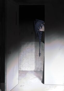  1girl absurdres black_dress black_hair blue_eyes braid closed_mouth dress hair_ribbon highres hololive hololive_english hunk_404 indoors long_hair looking_at_viewer official_alternate_costume official_alternate_hairstyle open_door ouro_kronii ouro_kronii_(maid) peeking ribbon smile solo virtual_youtuber white_ribbon  rating:General score:10 user:danbooru