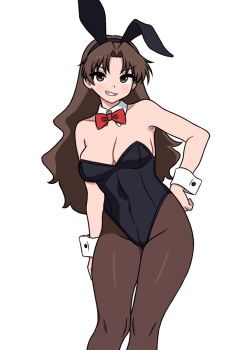  64vii animal_ears azumanga_daiou bare_shoulders black_leotard blush bow bowtie breasts brown_hair cleavage detached_collar hand_on_own_hip highres leotard long_hair pantyhose playboy_bunny rabbit_ears red_bow red_bowtie tanizaki_yukari wrist_cuffs 