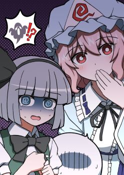  ! !? 2girls ? @_@ black_bow black_bowtie black_hairband black_ribbon blue_dress blue_eyes blue_headwear blue_ribbon blunt_bangs blush bow bowtie bright_pupils collared_dress collared_shirt dress frilled_dress frilled_hat frilled_shirt_collar frills ghost ghost_tail goshoguruma green_vest grey_hair hair_between_eyes hair_ornament hair_ribbon hairband hand_on_own_face hat highres hoshii_1213 konpaku_youmu konpaku_youmu_(ghost) long_sleeves medium_hair multiple_girls open_mouth pink_hair puffy_short_sleeves puffy_sleeves purple_background red_eyes ribbon ribbon-trimmed_dress ribbon_trim saigyouji_yuyuko scared shirt short_sleeves simple_background sleeves_past_wrists speech_bubble sweat sweatdrop tongue touhou triangular_headpiece vest waist_bow white_pupils white_shirt wide_sleeves 