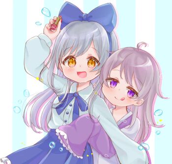  2021 2girls ahoge album_cover applying_manicure blue_ribbon blue_skirt blush commentary_request cover grey_hair hair_ribbon highres kahlura225 long_hair long_sleeves looking_at_viewer multiple_girls nail_polish open_mouth purple_eyes ribbon skirt sleeves_past_fingers sleeves_past_wrists smile striped_background tongue tongue_out yellow_eyes 