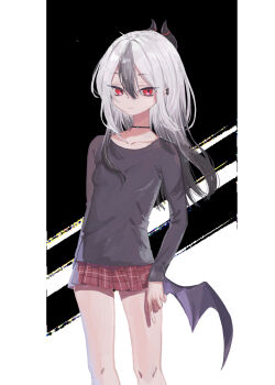  1girl absurdres adapted_costume alternate_hairstyle black_background black_choker black_hair black_horns black_shirt blue_archive breasts choker closed_mouth collarbone commentary_request demon_girl demon_horns demon_wings double-parted_bangs ear_piercing eyelashes feet_out_of_frame floating_hair gradient_hair hair_between_eyes hair_down highres horns kayoko_(blue_archive) kisaka light_smile long_hair looking_at_viewer low_wings miniskirt mole mole_on_neck multicolored_hair piercing plaid_clothes plaid_skirt pleated_skirt red_eyes red_skirt shirt sidelocks simple_background single_wing skirt sleeves_past_wrists small_breasts solo standing straight_hair two-tone_background two-tone_hair white_background white_hair wings 