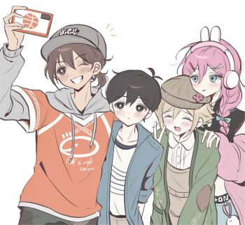 1girl 3boys :d ;d \||/ ^_^ alternate_skin_color animal_charm animal_ear_headphones animal_ears antenna_hair aqua_bow aqua_eyes arm_behind_back arm_up aubrey_(birthday)_(omori) aubrey_(faraway)_(omori) aubrey_(omori) ball bare_shoulders baseball_cap basil_(birthday)_(omori) basil_(faraway)_(omori) basil_(omori) basketball_(object) belt black_belt black_eyes black_hair black_pants black_shirt blonde_hair blue_jacket blue_pants blush bow braid bright_pupils brown_eyes brown_hair brown_hat brown_overalls buttons camouflage camouflage_pants cardigan charm_(object) closed_eyes closed_mouth clothes_writing collarbone collared_jacket collared_shirt cowboy_shot crop_top cropped_shirt denim denim_jacket double-parted_bangs drawstring english_text expressionless fake_animal_ears forest_bunny?_(omori) green_cardigan grey_hat grey_hoodie grin hair_behind_ear hair_between_eyes hair_bow hair_ornament hair_over_shoulder hand_on_another&#039;s_shoulder hashtag-only_commentary hat headphones hector_(omori) highres hood hood_down hoodie jacket jacket_partially_removed jeans kel_(birthday)_(omori) kel_(faraway)_(omori) kel_(omori) layered_sleeves long_hair long_sleeves looking_at_phone low_twin_braids midriff multiple_boys newsboy_cap notice_lines official_alternate_costume official_alternate_hairstyle omori one_eye_closed open_cardigan open_clothes open_jacket open_mouth orange_shirt overalls pale_skin pants phone pink_hair pink_jacket puffy_long_sleeves puffy_sleeves rabbit_ear_headphones rabbit_ears raised_inner_eyebrows ribbed_shirt selfie shirt short-sleeved_jacket short_hair short_over_long_sleeves short_sleeves simple_background sleeveless sleeveless_shirt smile standing sunny_(birthday)_(omori) sunny_(omori) tareme tongue tongue_out twin_braids v very_short_hair white_background white_pupils white_shirt wktdms1