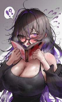  !? 1girl @_@ absurdres ahoge bags_under_eyes bare_shoulders black-framed_eyewear black_hair black_tank_top blush book breasts cardigan cleavage colored_inner_hair commentary_request crooked_eyewear flying_sweatdrops glasses goddess_of_victory:_nikke hair_intakes hair_over_one_eye highres holding iwazaki label_(nikke) large_breasts long_hair long_sleeves looking_at_viewer mole mole_on_breast multicolored_hair off_shoulder open_book open_cardigan open_clothes open_mouth purple_eyes purple_hair solo speech_bubble streaked_hair sweat tank_top two-tone_hair upper_body 