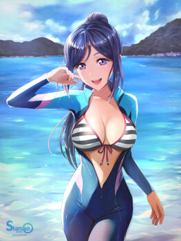  10s 1girl 2017 :d arm_at_side arm_up artist_name bikini bikini_top_only blue_bodysuit blue_sky blush bodysuit breasts cleavage cloud collarbone cowboy_shot dated day diving_suit female_focus front-tie_bikini_top front-tie_top highres long_hair looking_at_viewer love_live! love_live!_school_idol_festival love_live!_sunshine!! matsuura_kanan medium_breasts mountain ocean open_bodysuit open_clothes open_mouth outdoors purple_hair purple_ribbon ribbon round_teeth shamakho shiny_skin shore sky smile solo striped_bikini striped_clothes swimsuit tareme teeth unzipped water wet wet_hair wetsuit zipper  rating:Sensitive score:73 user:danbooru