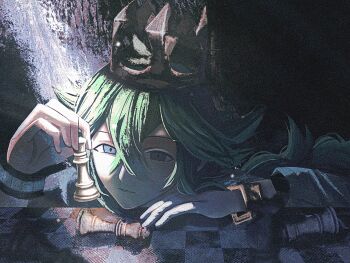  1boy bishop_(chess) black_shirt blurry blurry_foreground board_game bracelet chess chess_piece chessboard commentary_request crack_of_light crown dappled_sunlight gold_bracelet gold_crown green_hair grey_eyes hair_between_eyes hand_on_table hand_rest head_rest highres holding holding_chess_piece indoors jewelry king_(chess) knight_(chess) leaning_forward long_hair male_focus muted_color n_(pokemon) nintendo pokemon pokemon_bw queen_(chess) rook_(chess) shirt shirt_under_shirt sunlight upper_body white_shirt zero_(sleepy_meltan) 