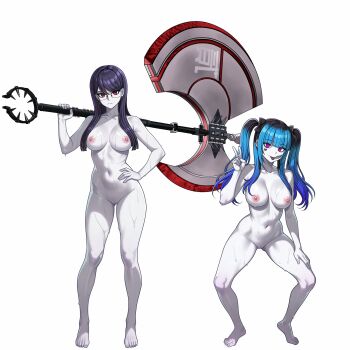  2girls :p absurdres amemiya_darumi axe blue_hair colored_bangs completely_nude glasses hair_ornament hair_ribbon hand_on_own_hip hand_on_own_leg highres makeup multiple_girls nipples nude pale_skin peace_symbol purple_eyes purple_hair pussy red_eyes ribbon shizuhara_hiruko squatting sweat the_hundred_line_-last_defense_academy- tongue tongue_out v vodka13  rating:Explicit score:25 user:BonBonBeato
