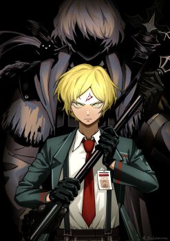  2boys a_certain_sinclair_(project_moon) aged_up animal animal_on_shoulder bird bird_on_shoulder black_background black_gloves blonde_hair closed_mouth coat collared_shirt commentary_request dress_shirt dual_persona facial_mark forehead_mark frown glaring gloves green_jacket green_sleeves halberd highres holding holding_polearm holding_weapon hyanghwa id_card jacket korean_commentary limbus_company load_bearing_vest long_sleeves multiple_boys necktie obscured open_clothes open_coat open_collar open_jacket parted_bangs polearm project_moon red_necktie shirt short_hair sinclair_(project_moon) suit_jacket suspenders trench_coat twitter_username undershirt weapon white_shirt wing_collar yellow_eyes 