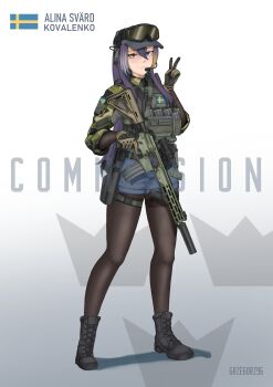  1girl absurdres alina_svard_kovalenko_(laotianaviator) assault_rifle blue_eyes blue_shorts boots camouflage camouflage_shirt gloves goggles goggles_on_headwear grzegorz1996 gun hair_between_eyes hat headset heterochromia highres holding holding_gun holding_weapon long_hair looking_at_viewer multicolored_hair original pantyhose purple_hair rifle shirt shorts smile solo swedish_flag v weapon yellow_eyes 