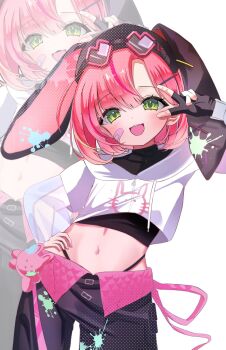  1girl animal_ear_hairband animal_ears asymmetrical_bangs b_shojo bandaid bandaid_on_cheek bandaid_on_face black_hairband black_pants black_shirt blush cowboy_shot crop_top cropped_hoodie cropped_shirt dithering dot_nose fake_animal_ears goggles goggles_on_head green_eyes hairband hanako_nana hand_on_own_hip hand_up hashtag-only_commentary heart heart-shaped_eyewear highres hood hoodie looking_at_viewer midriff multicolored_hair navel open_mouth paint_on_clothes paint_splatter pants panty_straps peto_(hanako_nana) pink_hair rabbit_ear_hairband rabbit_ears shirt short_hair smile solo standing stellive straight-on streaked_hair v v_over_eye virtual_youtuber white_background white_hoodie zoom_layer 