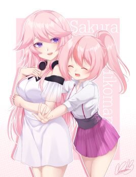  2girls :d ^_^ arm_under_breasts bare_shoulders blush breasts character_name closed_eyes collarbone collared_shirt commentary dress dress_shirt hair_between_eyes hand_up headphones headphones_around_neck highres honkai_(series) honkai_impact_3rd long_hair medium_breasts momoko_nico multiple_girls off-shoulder_dress off_shoulder open_mouth pink_background pink_hair pleated_skirt ponytail purple_eyes purple_skirt romaji_commentary shirt siblings signature sisters skirt small_breasts smile striped_clothes striped_skirt vertical-striped_clothes vertical-striped_skirt very_long_hair white_dress white_shirt yae_rin yae_sakura 