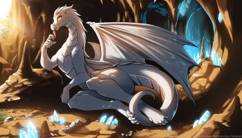  1girl animal_feet cave claws colored_skin crystal dragon_girl dragon_horns dragon_tail dragon_wings full_body furry furry_female horns lady_nora licking licking_hand light_rays looking_at_viewer lying missing_commentary official_art on_side reclining reptile_girl solo stalagmite tail tom_fischbach tongue tongue_out twokinds white_skin wings yellow_eyes 