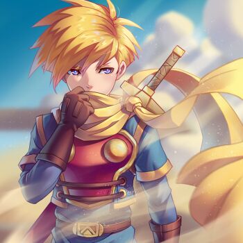  1boy armor blonde_hair blue_eyes cape gloves golden_sun isaac_(golden_sun) kaijuicery male_focus nintendo scarf short_hair solo spiked_hair super_smash_bros. sword sword_on_back weapon_on_back  rating:Sensitive score:8 user:danbooru