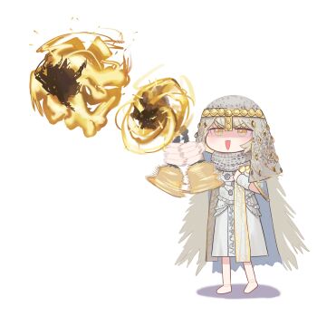  1girl armor barefoot bei_chelun_de_daquan_yangcong_anakin bell bell_ringing blonde_hair chainmail chibi coif commentary_request dress elden_ring elden_ring_nightreign fire gameplay_mechanics highres jewelry magic official_alternate_costume revenant_(elden_ring) solo standing stole triangle_mouth white_background white_dress white_wrist_cuffs wrist_cuffs yellow_eyes 