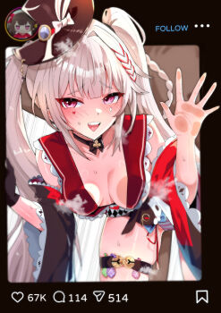  1girl 2girls absurdres against_glass bare_shoulders bell bent_over black_choker black_collar black_gloves black_hat blush braid braided_bangs braided_sidelock breasts butterfly-shaped_pupils capelet choker cleavage cleavage_cutout clothing_cutout collar commentary_request condom condom_belt condom_thigh_strap detached_sleeves diamond_(shape) diamond_facial_mark diamond_on_cheek english_text facial_mark frilled_capelet frilled_sleeves frills frown furrowed_brow gloves hat hat_ornament heart heart_facial_mark heart_on_cheek highres honkai:_star_rail honkai_(series) leaning_to_the_side li_j5269 long_hair looking_at_viewer mark_under_both_eyes medium_breasts mini_hat mini_top_hat multicolored_hair multiple_girls open_mouth panties pink_eyes rabbit_ear_headwear rabbit_hat_ornament red_ribbon ribbon shadow shoulder_cutout single_glove sparkle_(doll)_(honkai:_star_rail) sparkle_(honkai:_star_rail) sparxie_(honkai:_star_rail) streaked_hair striped_clothes striped_panties supplicant_mask sweat symbol-shaped_pupils teeth thigh_strap thumbs_up_emoji top_hat twintails underwear upper_teeth_only very_long_hair white_hair wince 