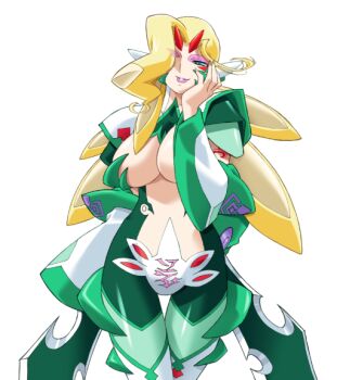  1girl blonde_hair bodysuit breasts cleavage corruption dark_persona eyeshadow facial_mark game_cg gan-chan_(artist) green_eyes hair_over_one_eye hand_on_own_face hitozuma_sentai_aisaiger large_breasts large_variant_set lipstick long_hair makeup non-web_source official_art one_eye_closed smile solo sophie_andrea_yukitou tattoo thigh_gap transparent_background variant_set 