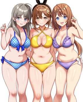  3girls ahoge atelier_(series) atelier_resleriana atelier_ryza atelier_totori bare_legs bikini black_bow blue_bikini blue_eyes blush bow breasts brown_eyes brown_hair cheenosuke cleavage commentary_request cowboy_shot criss-cross_straps frilled_bikini frills gluteal_fold hair_between_eyes hair_bow hair_ornament hairclip in-franchise_crossover long_hair looking_at_viewer medium_breasts multiple_girls navel open_mouth polka_dot polka_dot_bikini purple_bikini purple_eyes reisalin_stout resna_sternenlicht sidelocks simple_background smile standing swimsuit teeth thighhighs totooria_helmold upper_teeth_only very_long_hair white_background white_bow yellow_bikini 