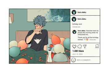  1boy 5mll3 arm_up balloon birthday black_shirt blush boku_no_hero_academia closed_eyes coffe_mug crew_neck english_text flower green_hair indoors male_focus midoriya_izuku painting_(object) petals pillow red_flower red_rose rose shirt short_hair short_sleeves sitting social_network solo t-shirt three-finger_salute tray under_covers vase 