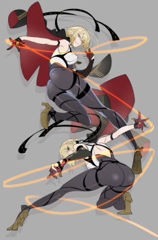  1girl arm_strap ass bare_shoulders black_coat black_gloves black_pants blonde_hair breasts chest_harness coat coat_on_shoulders earrings elbow_gloves evelyn_chevalier full_body gloves grey_background half_gloves harness high-waist_pants highres jewelry large_breasts latex_pants leg_up long_ribbon looking_at_viewer looking_back multiple_views necktie niihatigounana pants parted_lips purple_eyes ring_hair_ornament shadow shirt simple_background single_elbow_glove single_half_glove tight_clothes tight_pants white_shirt yellow_necktie zenless_zone_zero 