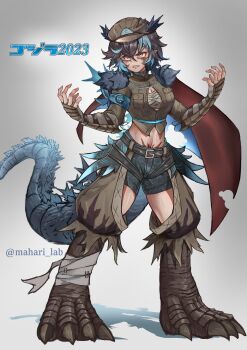 1girl 2023 absurdres angry animal_feet animal_legs artist_name baggy_pants bandaged_ankle bandaged_breasts bandaged_chest bandaged_leg bandages belt_buckle blue_hair buckle cape chaps character_name choker clothing_cutout copyright_name cosplay crotch_cutout denim denim_shorts dinosaur_feet dinosaur_girl dinosaur_legs dinosaur_tail facial_scar flame_print fur-trimmed_cape fur-trimmed_mantle fur_trim gauntlets genderswap genderswap_(mtf) glowing glowing_spikes godzilla godzilla_(cosplay) godzilla_(series) godzilla_minus_one grey_hair hat highres japanese_clothes japanese_text kaiju long_hair mahari_lab mantle military_hat military_uniform monster_girl multicolored_hair open_clothes open_shirt pants personification pointy_ears ribbon scar scar_on_cheek scar_on_face scar_on_stomach shadow sharp_teeth shorts simple_background slit_pupils spikes streaked_hair tail teeth toho_(movie_company) torn_cape torn_clothes torn_pants two-tone_hair unbuttoned unbuttoned_shirt variant_set