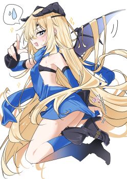  1girl absurdres black_boots black_bra black_gloves black_horns blonde_hair blue_socks blue_sweater blush boots bra clothes_tug commentary_request demon_girl demon_horns demon_wings dress ear_blush embarrassed fingerless_gloves from_side full_body gloves goddess_of_victory:_nikke guillotine_(nikke) hand_up high_heel_boots high_heels highres horns legs_up long_hair looking_at_viewer looking_to_the_side open_mouth profile simple_background socks solo spoken_sweatdrop sweat sweatdrop sweater sweater_dress sweater_tug tu_pa_pa_pa underwear very_long_hair virgin_killer_sweater white_background wings 