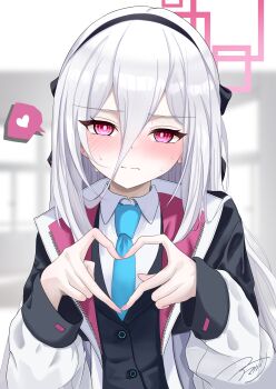  1girl absurdres amagasa_higashi blue_archive blue_necktie blush commentary_request hair_between_eyes hairband halo heart heart_hands highres jacket kei_(blue_archive) kei_(new_body)_(blue_archive) long_hair long_sleeves looking_at_viewer necktie open_clothes open_jacket pink_eyes red_eyes signature solo spoken_heart upper_body white_hair white_jacket 