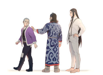  3boys barefoot black_boots black_hair black_pants black_vest boots buttons buzz_cut earrings foxvulpine full_body fur_boots golden_kamuy grey_hair hands_on_own_hips highres jacket jewelry kiroranke long_hair long_sleeves multiple_boys oosawa_fusatarou pants purple_jacket shiraishi_yoshitake shirt short_hair simple_background suspenders very_long_hair very_short_hair vest white_background white_pants white_shirt 