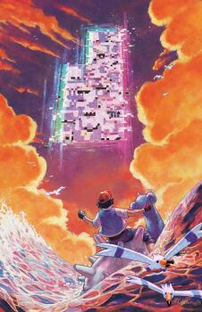  1boy baseball_cap black_hair cloud commentary english_commentary gen_1_pokemon gen_3_pokemon glitch hat highres lapras lilystrations missingno. nintendo ocean outdoors poke_ball poke_ball_(basic) pokemon red_(pokemon) red_hat short_hair sunset wingull 