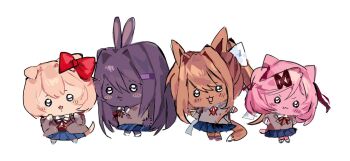  4girls :3 blazer blue_skirt blush_stickers bow brown_hair cat_girl chibikemo chiikawa commentary crossover dog_girl doki_doki_literature_club doki_doki_literature_club_school_uniform fox_girl full_body furrification furry grey_jacket hair_bow hair_intakes jacket kitty_17a looking_at_viewer monika_(doki_doki_literature_club) multiple_girls natsuki_(doki_doki_literature_club) neck_ribbon open_mouth pink_hair ponytail pout purple_hair rabbit_girl red_ribbon ribbon sayori_(doki_doki_literature_club) school_uniform skirt white_background white_bow yuri_(doki_doki_literature_club) 