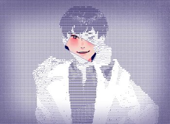  1boy :d ascii_art black_eyes black_hair black_shirt coat collared_shirt facing_viewer grin hand_up highres holding holding_phone kdj143637 kim_dokja male_focus omniscient_reader's_viewpoint open_clothes open_coat open_mouth phone popped_collar revealing_layer shirt short_hair smile smirk solo upper_body white_coat 