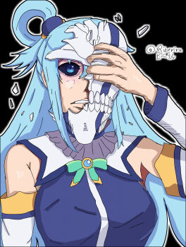 1girl absurdres aqua_(konosuba) black_sclera bleach blue_eyes blue_hair blue_shirt bow breasts colored_sclera commentary crossover dark_persona detached_sleeves gag green_bow hair_ornament hair_rings highres hollow_mask kono_subarashii_sekai_ni_shukufuku_wo! long_hair mask parody pixel_art riberiru shirt single_hair_ring solo sphere_hair_ornament